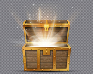 Realistic open chest, vintage old treasure wooden box with golden glowing inside. Vector illustration.