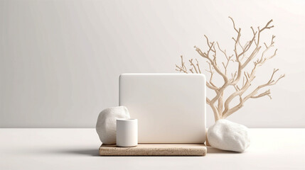 Wall Mural - Minimal mockup background for product presentation. Podium and dry tree twigs branch with white sand beach on white background. 3d rendering illustration.