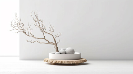 Wall Mural - Minimal mockup background for product presentation. Podium and dry tree twigs branch with white sand beach on white background. 3d rendering illustration.
