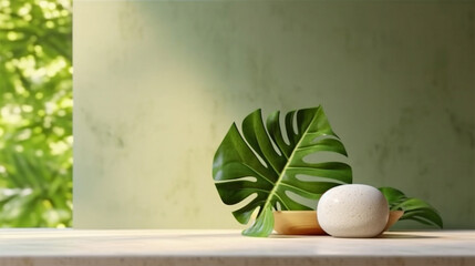 Wall Mural - Blank minimal white counter podium, soft beautiful dappled sunlight, tropical palm foliage leaf shadow on wall for luxury hygiene organic cosmetic, skincare, beauty treatment product background 3D