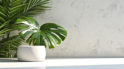 Wall Mural - Blank minimal white counter podium, soft beautiful dappled sunlight, tropical palm foliage leaf shadow on wall for luxury hygiene organic cosmetic, skincare, beauty treatment product background 3D