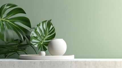 Wall Mural - Blank minimal white counter podium, soft beautiful dappled sunlight, tropical palm foliage leaf shadow on wall for luxury hygiene organic cosmetic, skincare, beauty treatment product background 3D