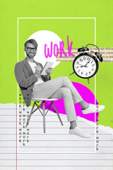 Sticker - Collage artwork graphics picture of confident smiling guy writing copybook working schedule isolated painting background