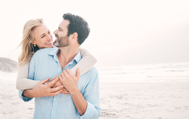 Poster - Travel, happy and couple hug at beach for holiday, vacation and romantic weekend for anniversary. Love mockup, marriage and mature man hugging woman for bonding and happiness by ocean with space