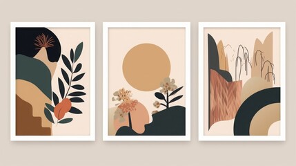 Modern minimalist abstract aesthetic illustrations. Bohemian style wall decor. Collection of contemporary artistic posters, Generative AI