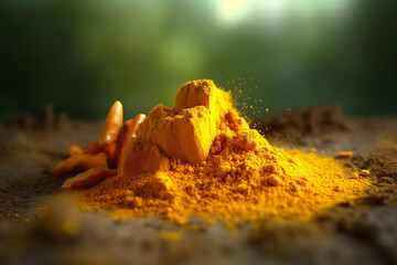 Poster - A photo showcasing ground turmeric powder, with its vibrant golden-yellow color.  Generative AI technology.