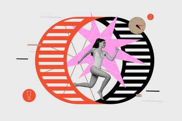 Poster - Collage portrait of black white colors girl swimsuit running inside hamster wheel loop getting nowhere watch clock time isolated on creative background