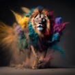 A lion coming out of a colour explosion