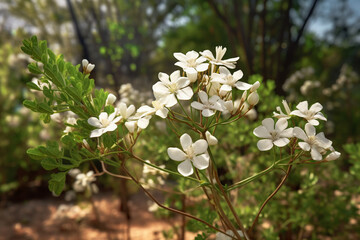 Aufkleber - A photo featuring African rue (Peganum harmala), highlighting its delicate white flowers, seed pods, and MAO-inhibiting properties.  Generative AI technology.
