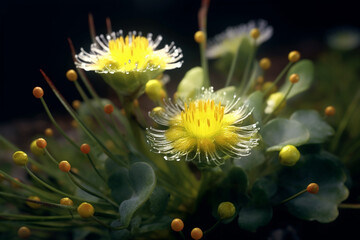 Aufkleber - A close-up shot of Kanna (Sceletium tortuosum), displaying its succulent leaves, small yellow flowers, and mood-enhancing properties.  Generative AI technology.