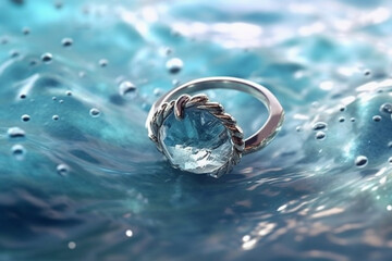 Poster - An image capturing a delicate silver ring adorned with a small Aquamarine gemstone, reminiscent of the calming and soothing qualities of the ocean. Generative AI technology.