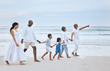 Poster - Family walk on beach sand, holding hands and generations, tropical vacation in Mexico, travel and trust outdoor. Grandparents, parents and kids, happy people with adventure and tourism with sea view