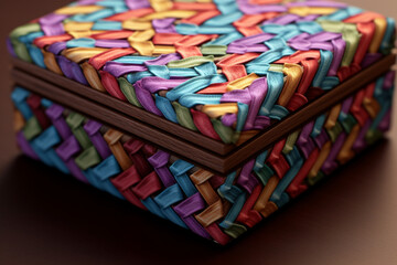 Poster - A close-up shot of a small woven jewelry box, crafted with intricate patterns and lined with fabric, offering a charming  Generative AI technology.