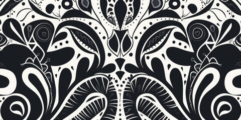 Wall Mural - Ukrainian style ornament. Hand drawn black and white abstract organic shapes pattern. Collage contemporary floral print. Fashionable template for, Generative AI