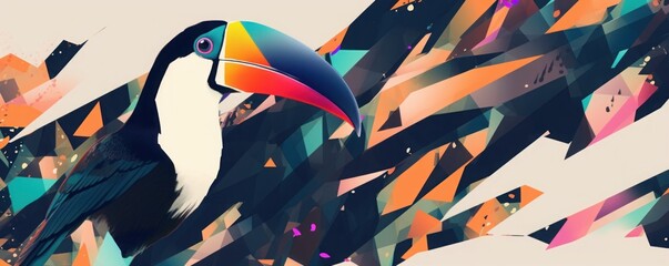 Wall Mural - Trendy exotic colorful pattern with toucan bird. Collage contemporary seamless pattern. Hand drawn cartoon style pattern, Generative AI