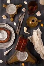 Various Antique Objects On Black Chalkboard Background
