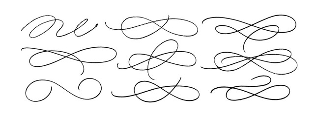 hand drawn collection of curly swishes, swashes and swoops. vector thin underline text tails. hand d