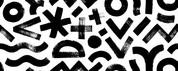 Contemporary seamless pattern with geometric shapes and bold brush drawn figures. Abstract organic shapes pattern. Crosses, asterisk, zigzag and wavy lines, circles and dots. Hand drawn banner.