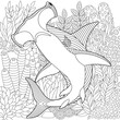 Underwater scene with a hammerhead shark. Adult coloring book page with intricate mandala and zentangle elements.