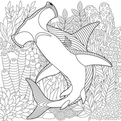 Wall Mural - Underwater scene with a hammerhead shark. Adult coloring book page with intricate mandala and zentangle elements.