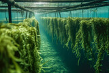 Fototapeta  - Thriving seaweed algae growth on lines in an aquaculture farm. Healthy and sustainable growth of seaweed algae rich in nutrients and with many commercial applications. Generative AI