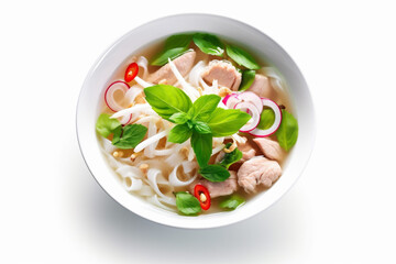 Wall Mural - food asian chili broth bowl traditional soup noodle dish white background. Generative AI.