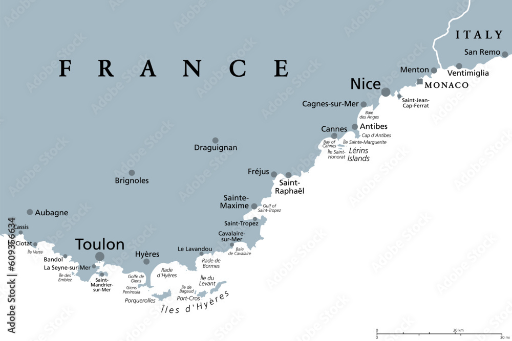 French Riviera, gray political map. Mediterranean coastline of the