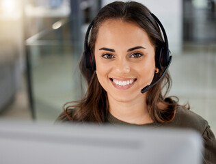 Happy young woman, call center portrait and telemarketing with headphones, microphone and communication. Girl, customer service and technical with consulting, contact us and smile in modern office