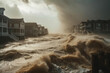 Hurricane storm surge hitting coastal settlement. Generative AI.