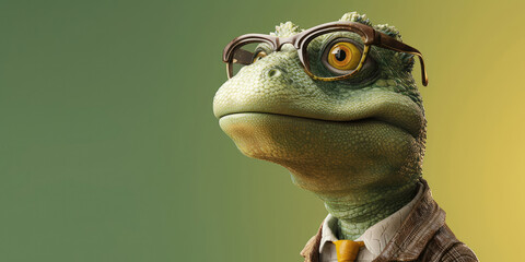 Portrait of a lizzard wearing glasses and suite, Generative AI