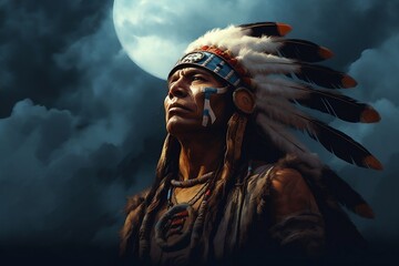 Native American Indian Apache Man against Moon on Night Sky Generative AI