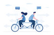 Business partners rides tandem bike different directions. Conflict, choice right way business development. Competition for team leadership. Family problems, bullying, quarrel and battle.