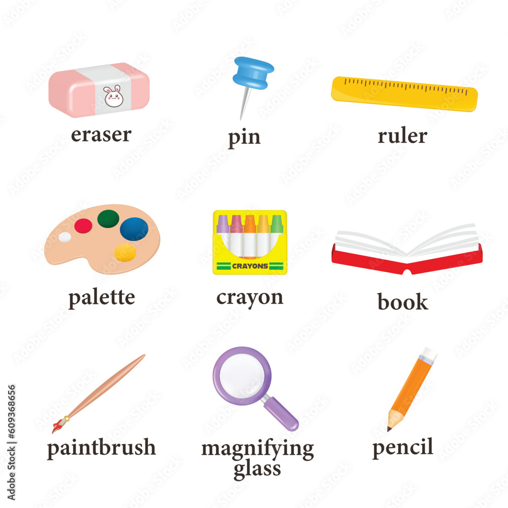 Classroom objects vector illustration. Labeled collection for kids learning and cognition process. Class indoor elements set with explanation. School things for vocabulary words knowledge development.