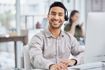 Leinwandbilder - Customer service, portrait of male call center agent with headset and with computer at his desk of a modern office workplace. Telemarking or support, communication and male person at his workstation