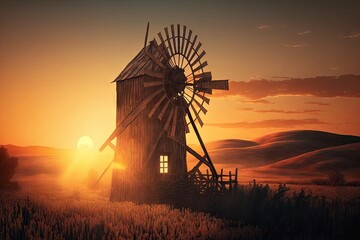 Canvas Print - sun setting behind wooden windmill in peaceful countryside, created with generative ai