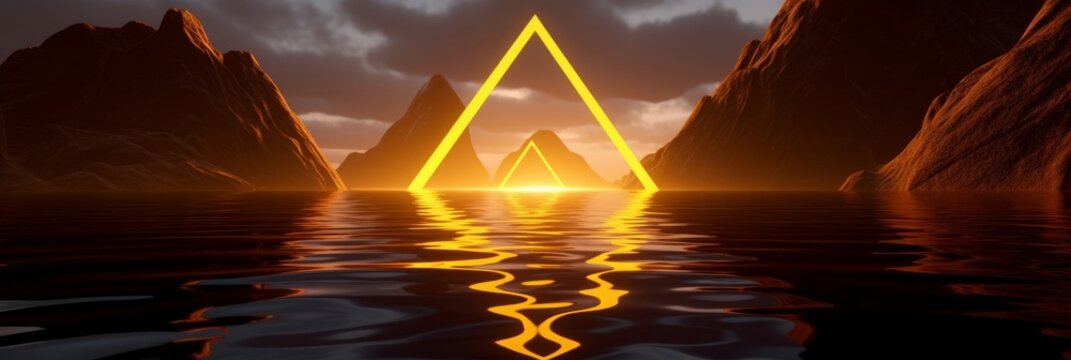 3d render, seascape with cliffs, water reflections and yellow neon triangle.Sacred geometry concept. Modern minimal abstract background. Spiritual zen, Generative AI