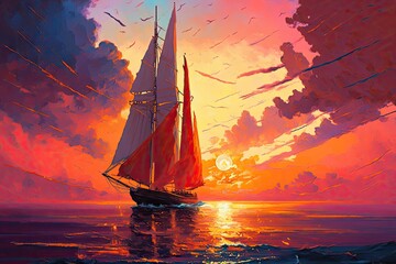 Wall Mural - sailboat, with its sails unfurled and sky painted with streaks of orange and pink, surrounded by tranquil sunset, created with generative ai