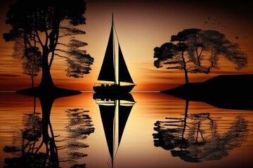 Poster - sunset sailboat, with crew of two, on calm and reflective lake, created with generative ai