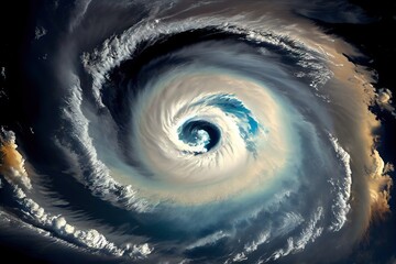 Sticker - tropical cyclone viewed from above, with clouds swirling and winds blowing, created with generative ai