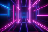 Fototapeta Do przedpokoju - 3d render, pink blue neon lines, geometric shapes, virtual space, empty room, ultraviolet light, 80's style, retro disco, fashion laser show, abstract, Generative AI