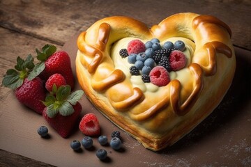 Poster - heart-shaped danish pastry with a creamy custard filling and fresh berries, created with generative ai