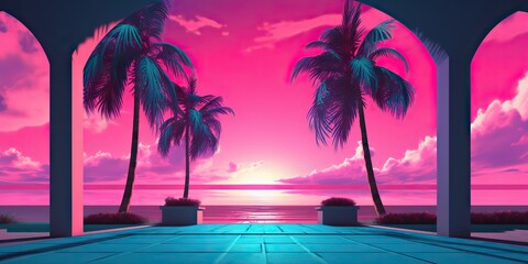 Wall Mural - AI Generated. AI Generative. Old vintage cyberpunk vapor wave synthwave miami vice florida tropical landscape. Graphic Art