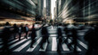 business people in motion, their figures blurred as they navigate the bustling city streets. The blur creates a sense of anonymity and represents the constant flow, Generative AI