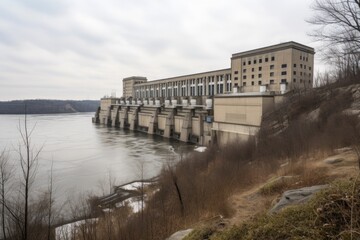 Wall Mural - view of a massive hydroelectric plant, with water rushing through the dam and power lines in the background, created with generative ai