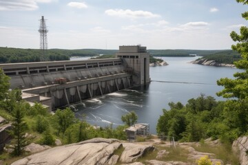 Poster - view of hydroelectric power plant, with dam and reservoir in the background, created with generative ai