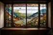 © Alfazet Chronicles - windowpane showcasing a mosaic and stained glass artwork with a view of the outdoors, created with generative ai