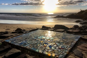 Sticker - pristine beach, with the sun shining through a mosaic of stained glass, created with generative ai