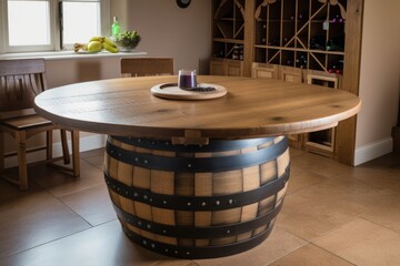 Wall Mural - a kitchen table made from upcycled wine barrels, created with generative ai