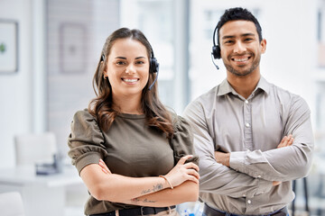 Sticker - Call center, portrait or happy team with arms crossed, support or smile in telemarketing together. Confident people, proud man or woman with positive mindset at telecom customer services office