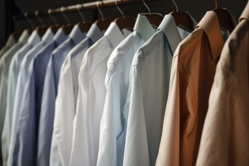 Poster - close-up of clean and crisp shirts hanging from the line, created with generative ai